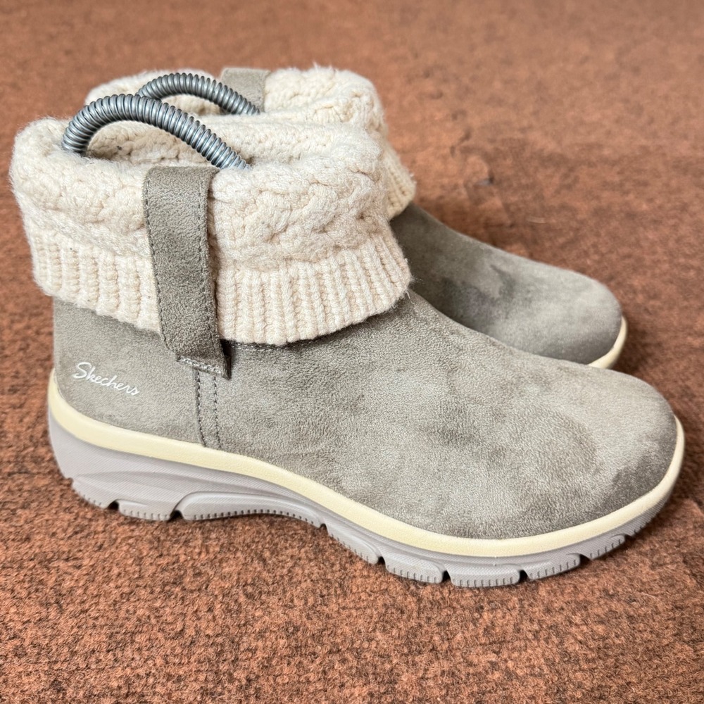 Skechers Womens Knit Collar‎ Suede Ankle Boots Grey Taupe Slip Sweater Trim 6.5